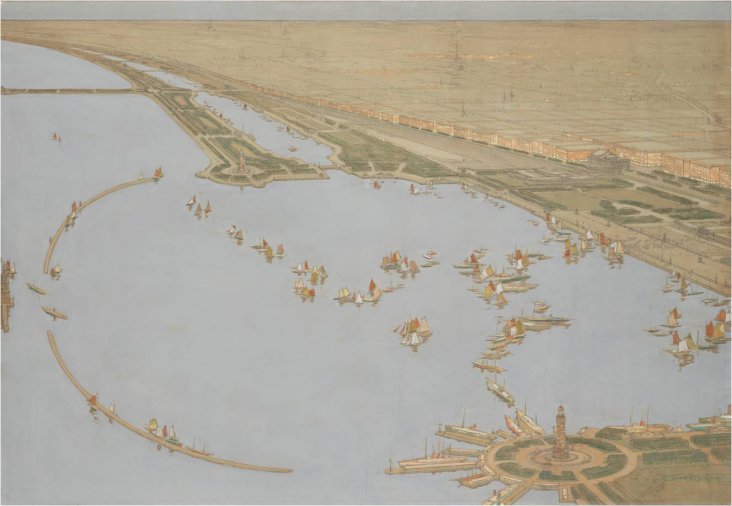 Plan of Chicago plate 127 rendering by Jules Guerin, water front, courtesy Chicago History Museum
